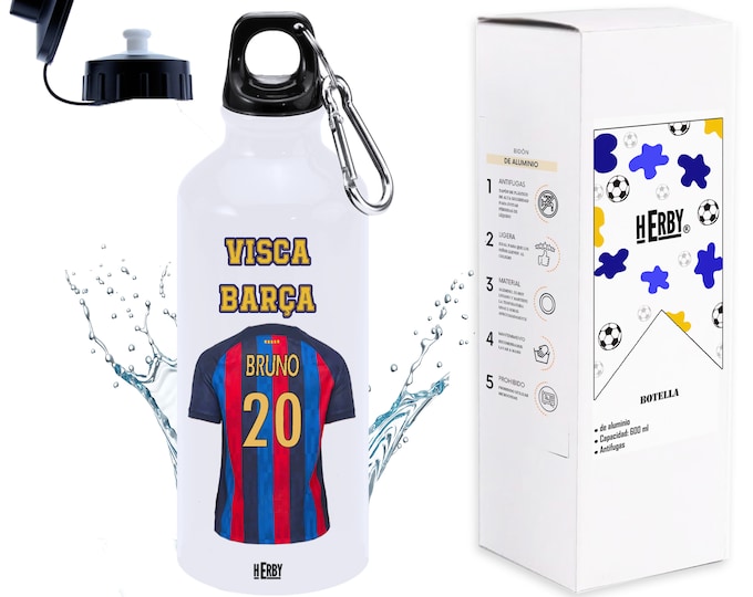 Featured listing image: Botella de agua del Barça personalizada con equipo de futbol y nombre, botellas para niños personalizadas con nombre, cantimplora de agua