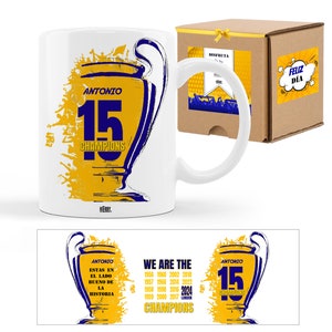 Taza Real madrid Campeones  personalizada con nombre, regalo original para fanáticos del Real Madrid 15 champions , Taza de Cerámica