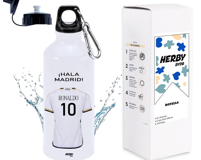 Botella del Madrid personalizada con equipo de futbol y tu nombre, regalos del Madrid personalizados con nombre,botella de agua para niños