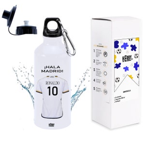 Botella del Madrid personalizada con equipo de futbol y tu nombre, regalos del Madrid personalizados con nombre,botella de agua para niños