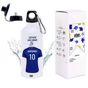 Botella de agua de Getafe personalizada con nombre equipo de futbol y número bidón de aluminio para niños ideal llevar al colegio 600 ml