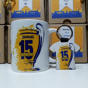Taza del Madrid 15 Champions personalizada con tu nombre el mejor regalo del real campeones de Europa 2024 y llavero exclusivo del Madrid