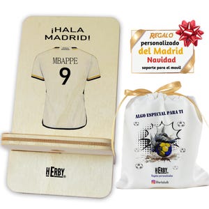 Regalo del Madrid personalizado con nombre y número base soporte de móvil de madera dibujo camiseta de fútbol para aficionados de futbol
