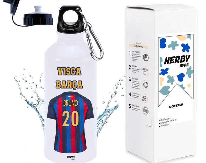 Botella de agua del Barça personalizada con equipo de futbol y nombre, botellas para niños personalizadas con nombre, cantimplora de agua