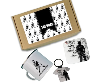 The Boss bruce springsteen gift box, the boss mug, personalized keychain and coasters