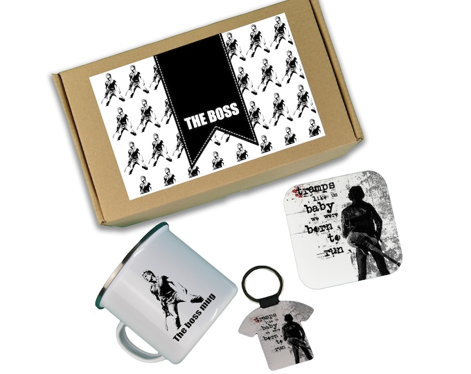 Featured listing image: The Boss bruce springsteen gift box, the boss mug, personalized keychain and coasters