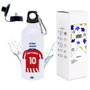 Botella de agua del atlético personalizada con equipo de futbol y nombre, botellas para niños personalizadas con nombre, cantimplora de agua