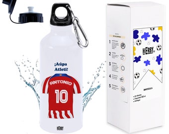Botella de agua del atlético personalizada con equipo de futbol y nombre, botellas para niños personalizadas con nombre, cantimplora de agua