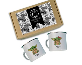 Gifts for geek fans of master yoda, two personalized metal mugs for geeks herbydb