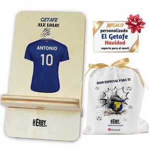 Regalo del Getafe personalizado con nombre y número base soporte de móvil de madera dibujo camiseta de fútbol para aficionados de futbol