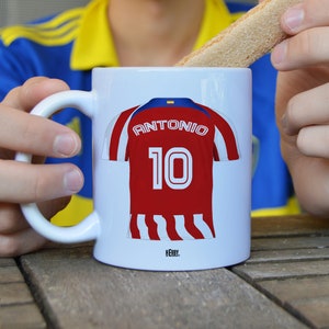 Taza del Atlético personalizada con nombre y número,  tazas de futbol para fanáticos del Atlético, regalo para hombre  taza de cerámica