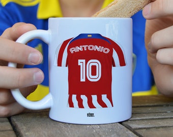 Taza del Atlético personalizada con nombre y número,  tazas de futbol para fanáticos del Atlético, regalo para hombre  taza de cerámica