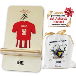 Regalo del Athletic personalizado con nombre y número base soporte de móvil de madera dibujo camiseta de fútbol para aficionados de futbol