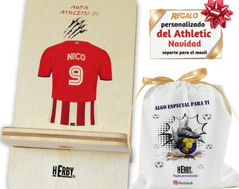 Regalo del Athletic personalizado con nombre y número base soporte de móvil de madera dibujo camiseta de fútbol para aficionados de futbol