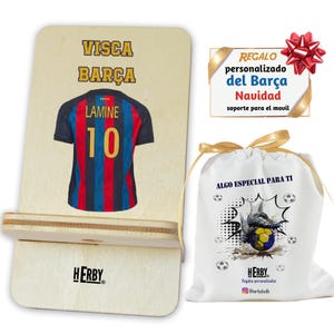 Regalo del Barça personalizado con nombre y número base soporte de móvil de madera dibujo camiseta del Barcelona fútbol cumpleaños navidad