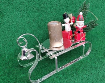 Vintage German silverplated Christmas candle holder Sled with little bell and wooden miniature ornaments Santa and Snowman