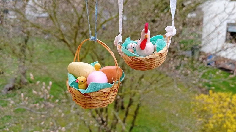 Лот из 9 винтажных немецких пасхальных деревянных подвесных птичьих гнезд. Ручная роспись пасхальных яиц. image 1