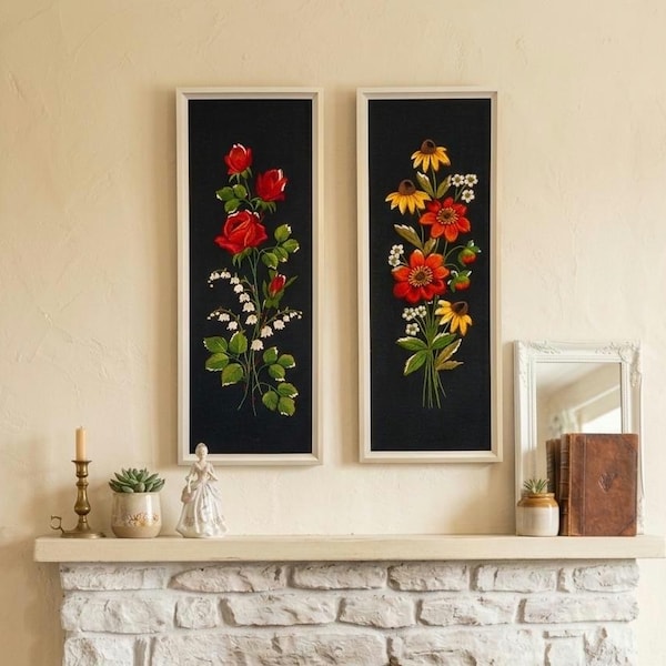 Hand-Embroidered Vintage Floral Art – Set of 2 Framed Pictures