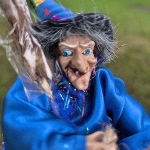 Vintage German Good luck Kitchen Witch doll on a sled with a cat, Fairy Witch Figurine, Retro Home decor