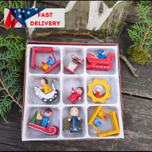 Lot of 9 vintage German wooden miniature Christmas Ornaments, rocking horse, angels, birds