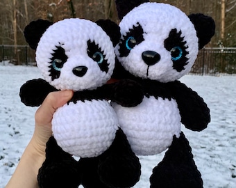 Crocheted panda bear, crochet stuffed animal, handmade plushie, black and white bear stuffy