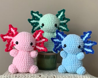 Crochet Axolotl, crocheted animals, sitting axolotl plush, handmade birthday gift plushies, made to order