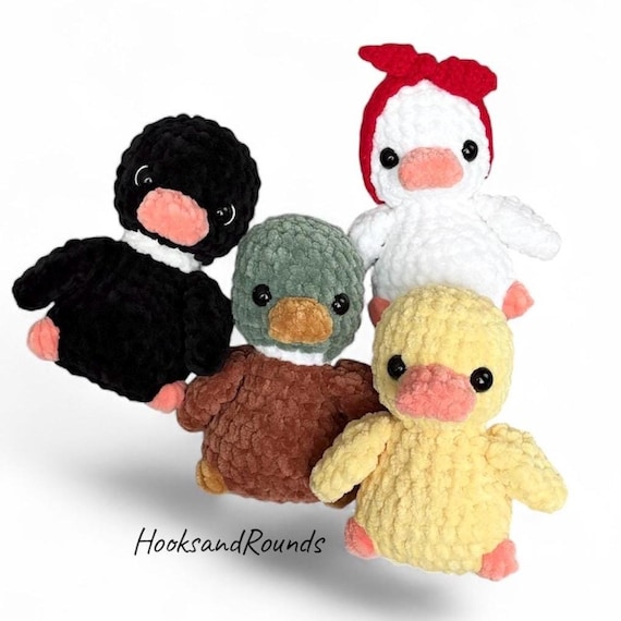 Crochet duck plushies in yellow, Mallard, black and white, crochet stuffed animals, safe eye option