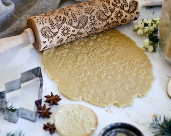 Scandinavian 3 - Birds and Flowers Embossing Rolling Pin