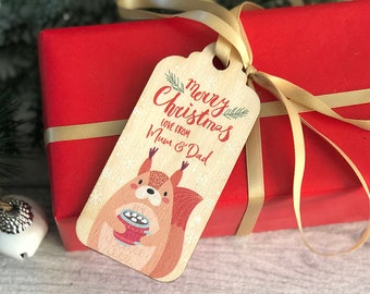 Personalised Wooden Full Colour Squirrel Christmas Gift Tag Reusable and Eco Friendly