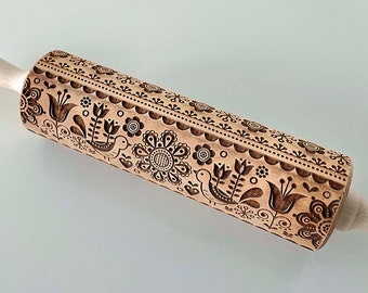 Scandinavian 9 - Birds, Hearts and Flowers Embossing Rolling Pin