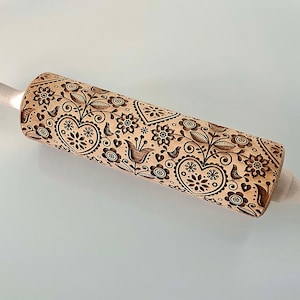 Scandinavian 8 - Birds, Hearts and Flowers Embossing Rolling Pin