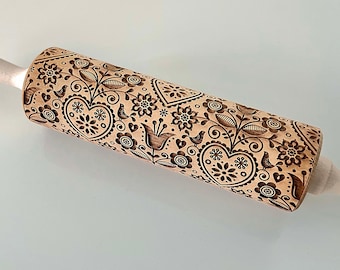 Scandinavian 8 - Birds, Hearts and Flowers Embossing Rolling Pin