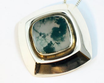 Erik Granit, Vintage Silver Pendant / Brooch with Moss Agate, Finland 1964