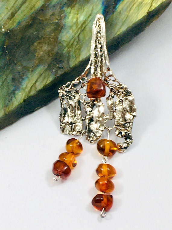 Broche/Pendentif Vintage Argent Et Ambre - Style Moderniste - Avec Poinçons - Occasion