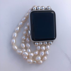 Apple Watch beaded stretch band made from cultured freshwater pearls (off white) and 925 sterling silver,  handmade bracelet