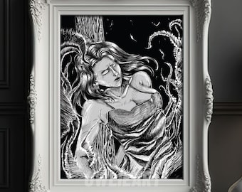 Witch burning in fire inktober drawing stylized fire pen and ink horror home décor