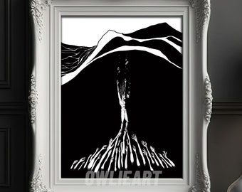 Drowning inktober art print dragged under water, Sinking &quot;Chains&quot; drawing, pen and ink horror home décor