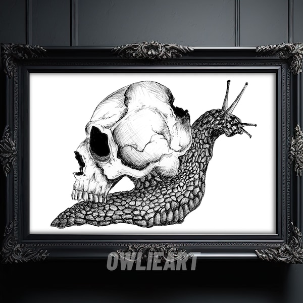 Skull Snail Ink Print, Halloween Art, Gothic Home Decor