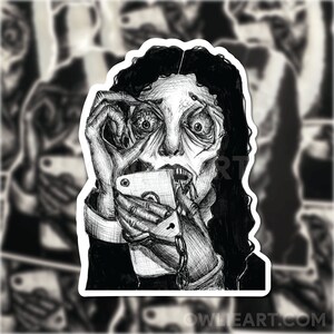 May include: Black and white illustration of a person with wide eyes and a distressed expression holding a chained smartphone to their mouth.