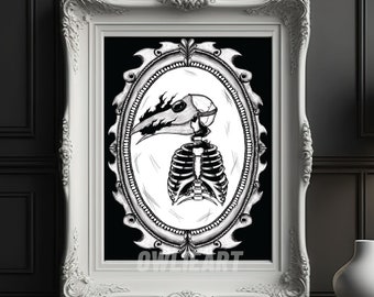 May include: Black and white illustration of a skeletal figure with a bird skull and beak, framed in an ornate oval frame. The image is set against a black background.