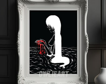 Treurige vrouw in waterkunstprint 'rustgevend verdriet' tekening inktafdruk, 2 kleurvariaties, wit en zwart, horror home decor