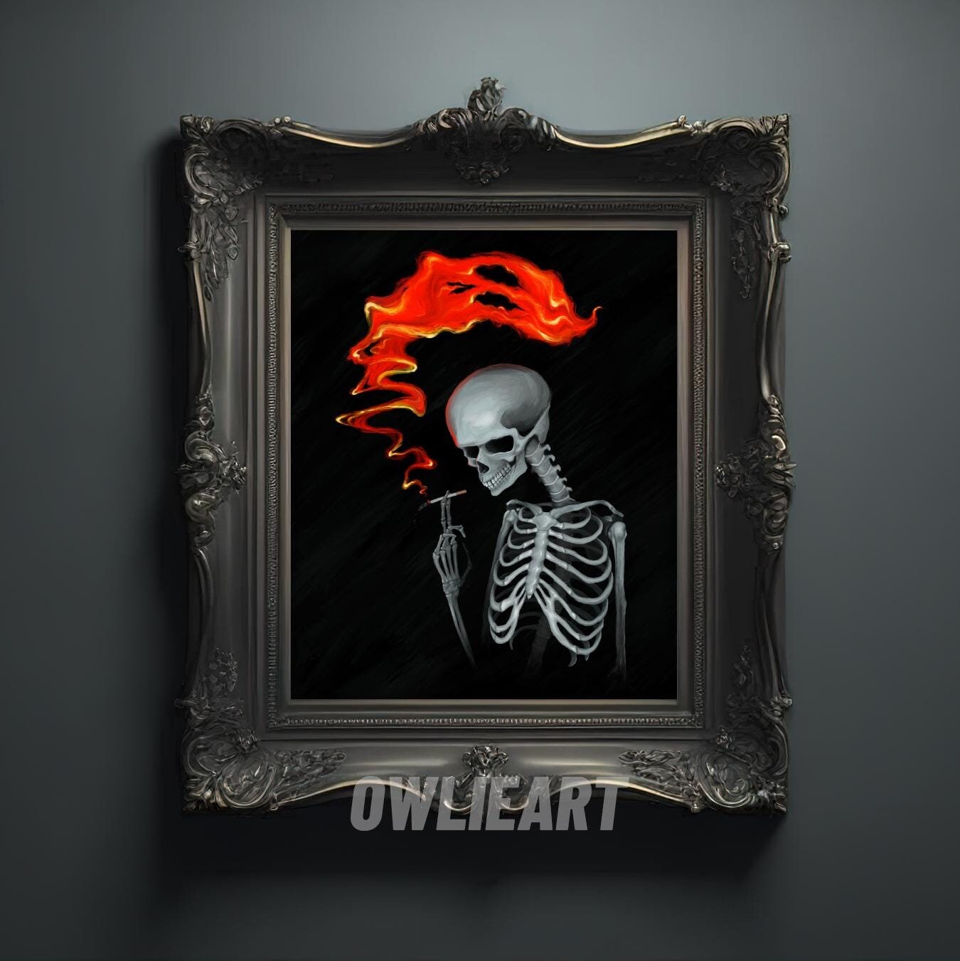 Smoking Skull art print cigarette smoke ghost art print painting unique art print