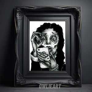 May include: Black framed artwork featuring a detailed pen and ink illustration of a distressed figure holding a smartphone. The figure's eyes are wide, and the mouth is open. The artwork is signed "OWLIEART" in the bottom right corner.