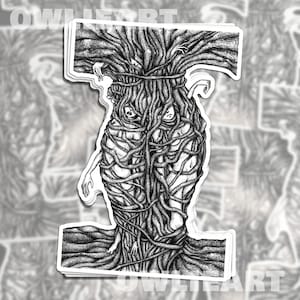 May include: Black and white line art illustration of two figures trapped within a tangled web of vines. The figures are nude and their faces are obscured by the vines. The artwork has a dark and mysterious feel.