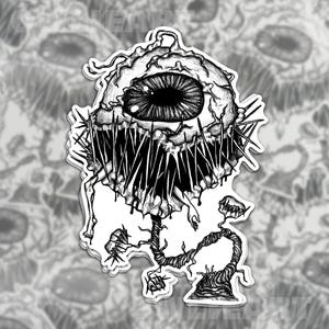 May include: Black and white illustration of a grotesque eye with sharp teeth and a thorny stem. The eye is surrounded by a dark, swirling pattern.