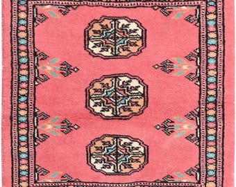 Genuine Hand-knotted Wool Bokhara Rug Pink Turkoman Carpet Oriental Rug 2x2 feet Small Accent Entryway Carpet Small Handmade Rugs
