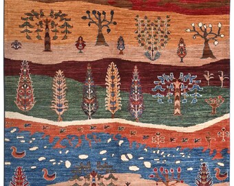 Area Rug 8' x 6' Tree of Life Wool Carpet Genuine Hand-knotted Small Rugs Boho Home Decor Gift Free Shipping USA Canada Colorful Rug Unique
