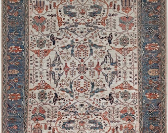 Genuine Hand-Knotted Fine Oushak Rug 10x8 feet Ivory Blue Wool Carpet Turkish Style Carpets Oriental Area Rugs Living & Dining Room Decor