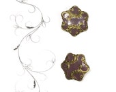 Button - Victorian Era Stamped Metal Button Mauve Enamel and Gilded Scrolls