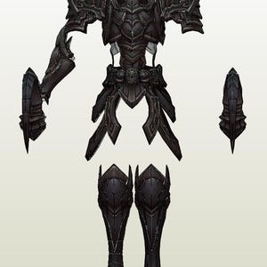 Puede incluir: Conjunto de armadura de papelcraft negro y gris con detalles intrincados. La armadura incluye un casco, una placa de pecho, hombreras, guanteletes, protectores de piernas y un cinturón.
